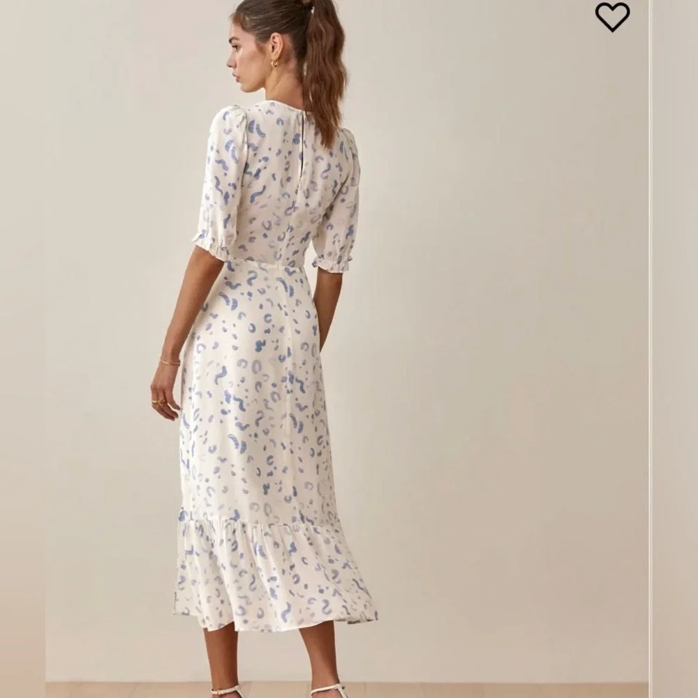 Reformation Nantes Midi Dress Pouf Sleeve Ruffle Hem in Marc - Picture 2 of 6